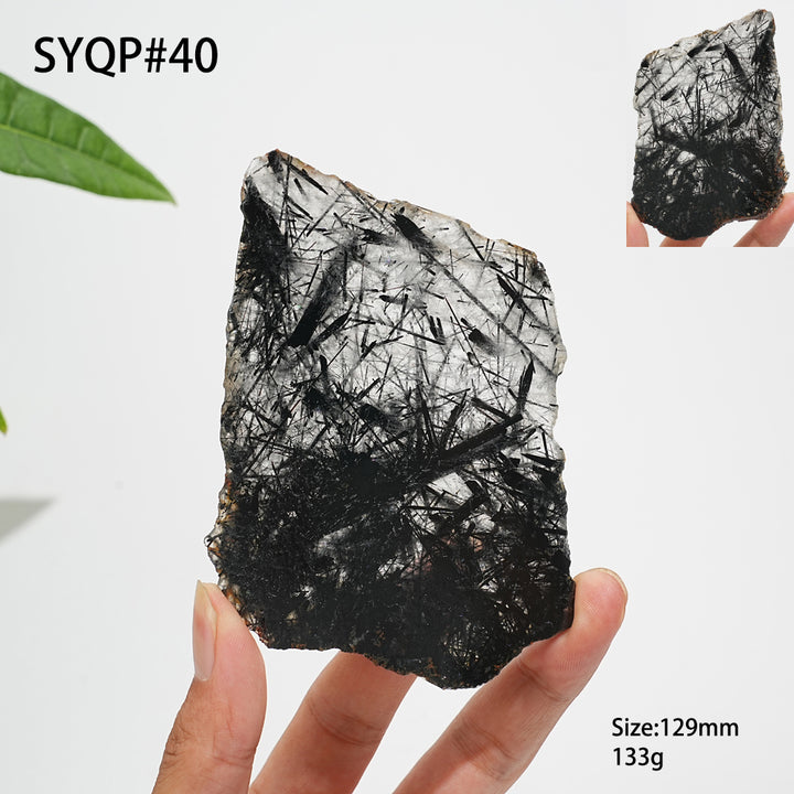 Unique,Natural Crystal Black Tourmaline In Quartz Slice
