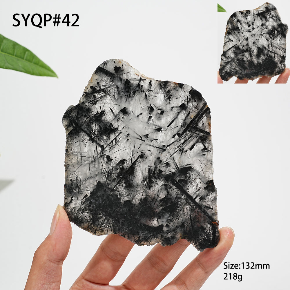Unique,Natural Crystal Black Tourmaline In Quartz Slice