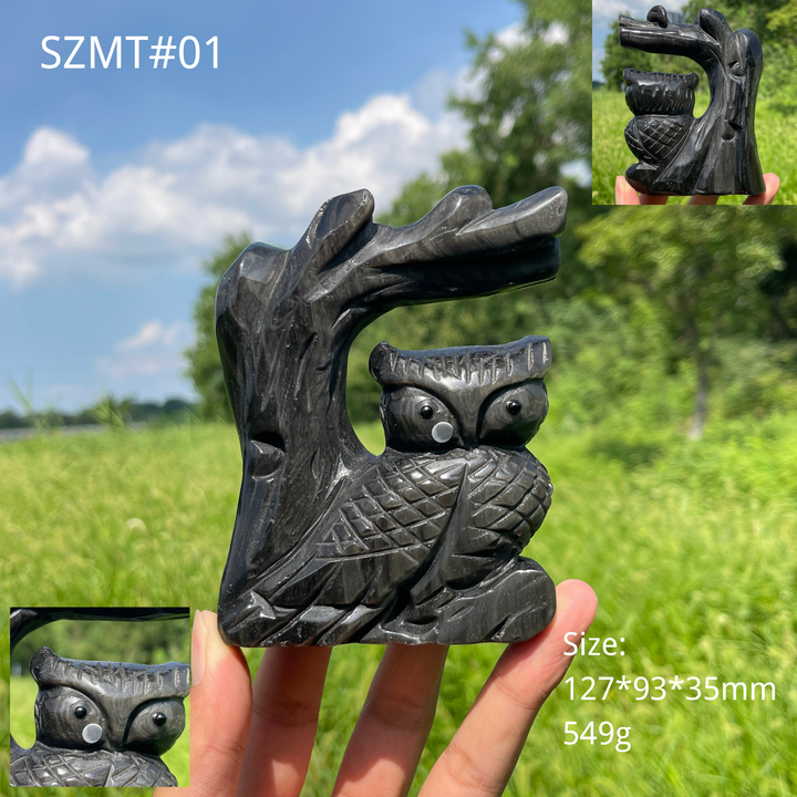 Unique,A Slightly Imperfect Natural Crystal Wise Owl On Tree Branch Carving