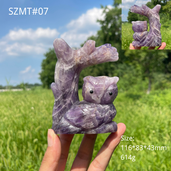 Unique,A Slightly Imperfect Natural Crystal Wise Owl On Tree Branch Carving