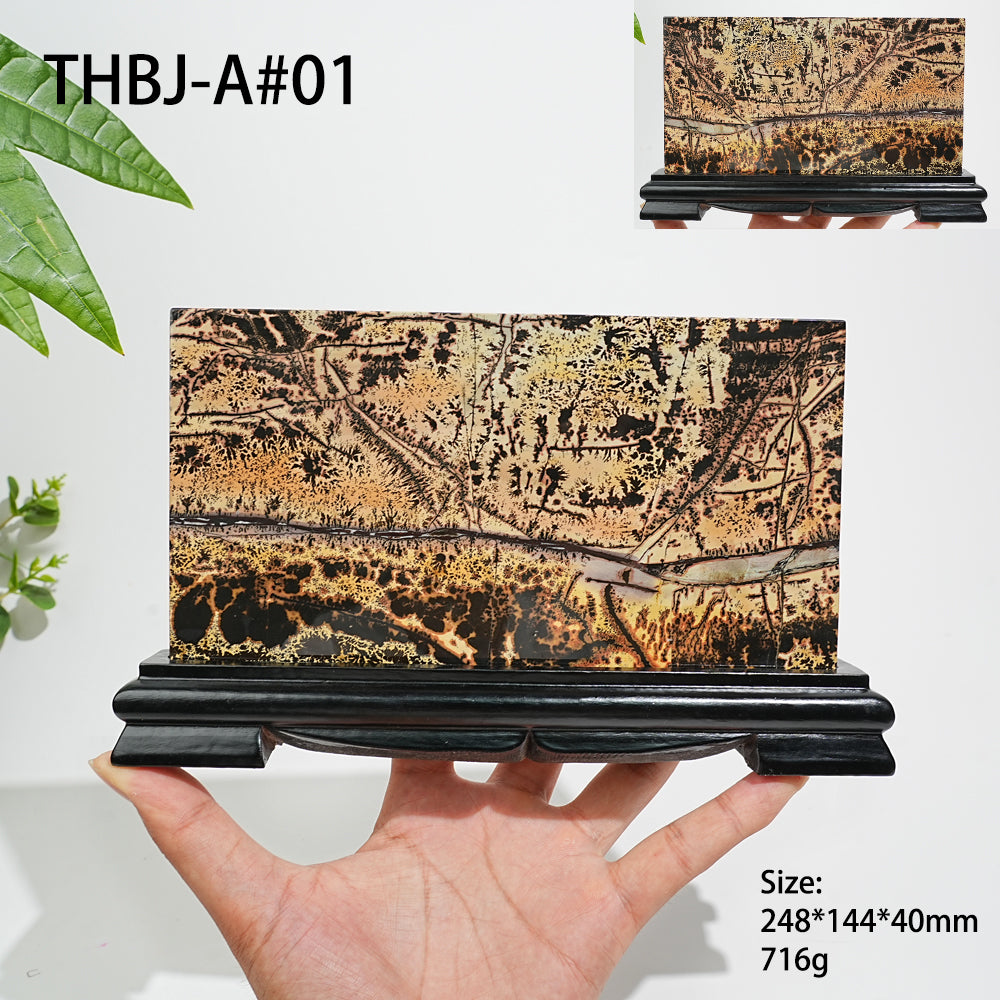 Unique,Natural Picture Jasper Landscape Ornament With Wood Base