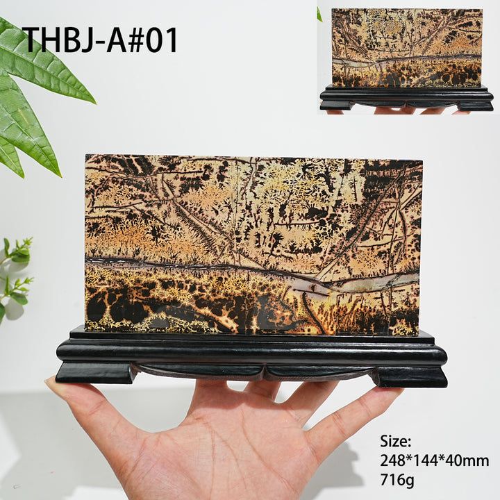 Unique,Natural Picture Jasper Landscape Ornament With Wood Base