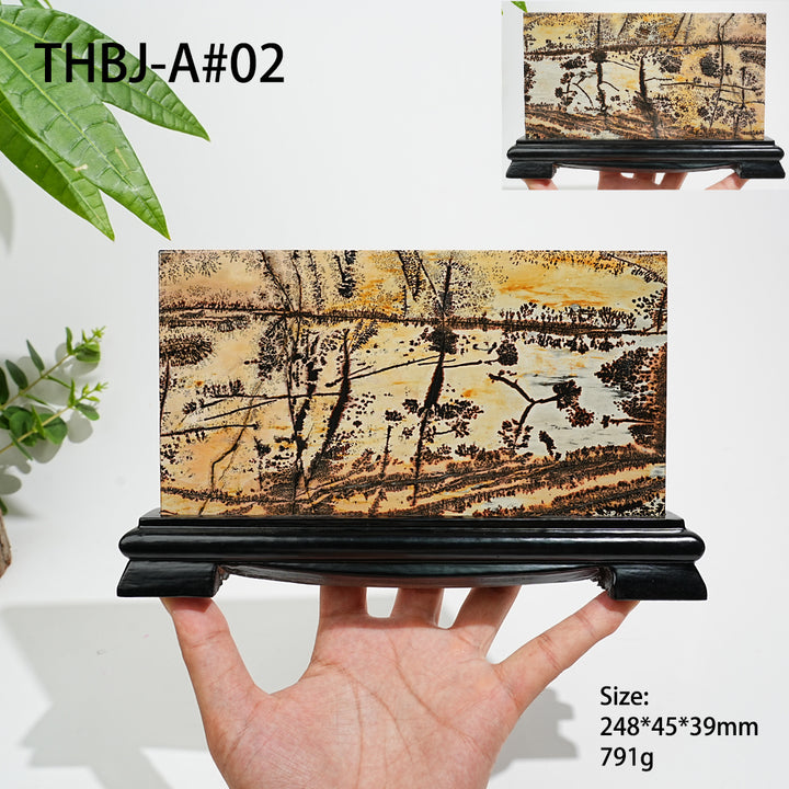 Unique,Natural Picture Jasper Landscape Ornament With Wood Base