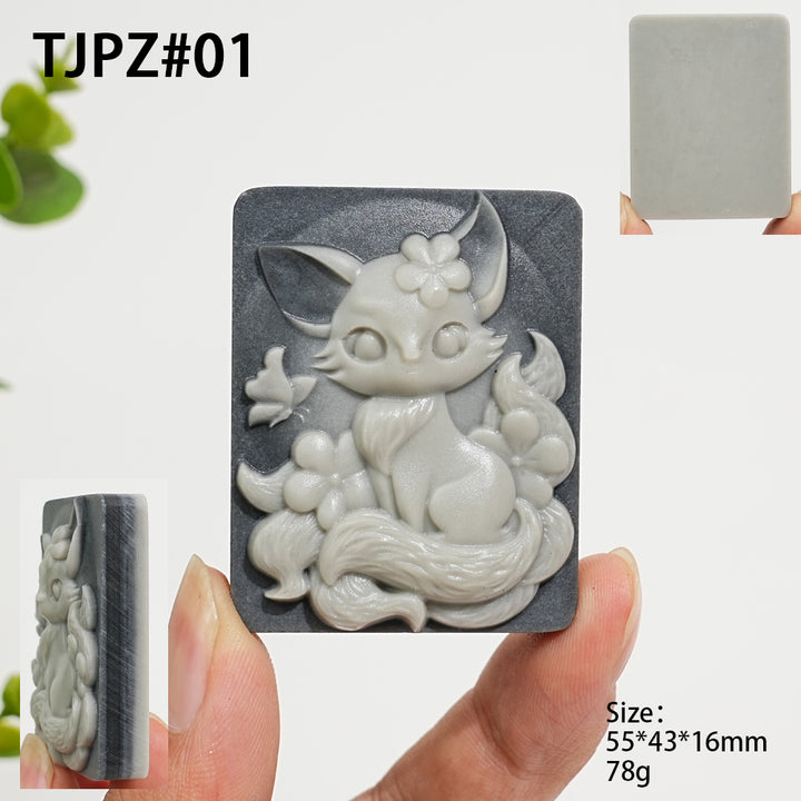 Unique,Natural TaiJi Stone Nine‑Tailed Fox With Butterfly