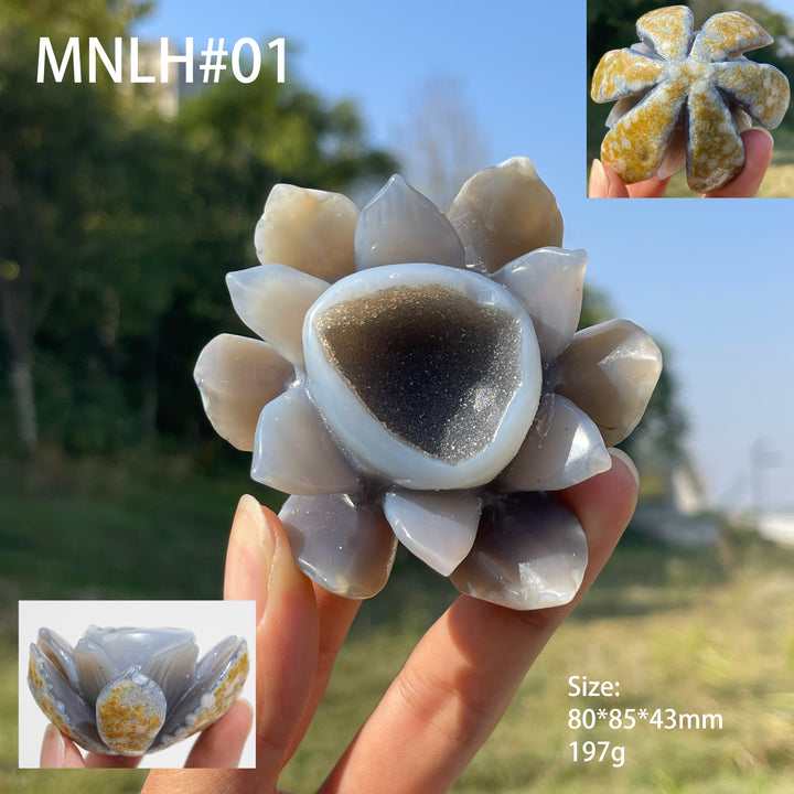 Unique,Natural Crystal Carving Agate Geode Lotus