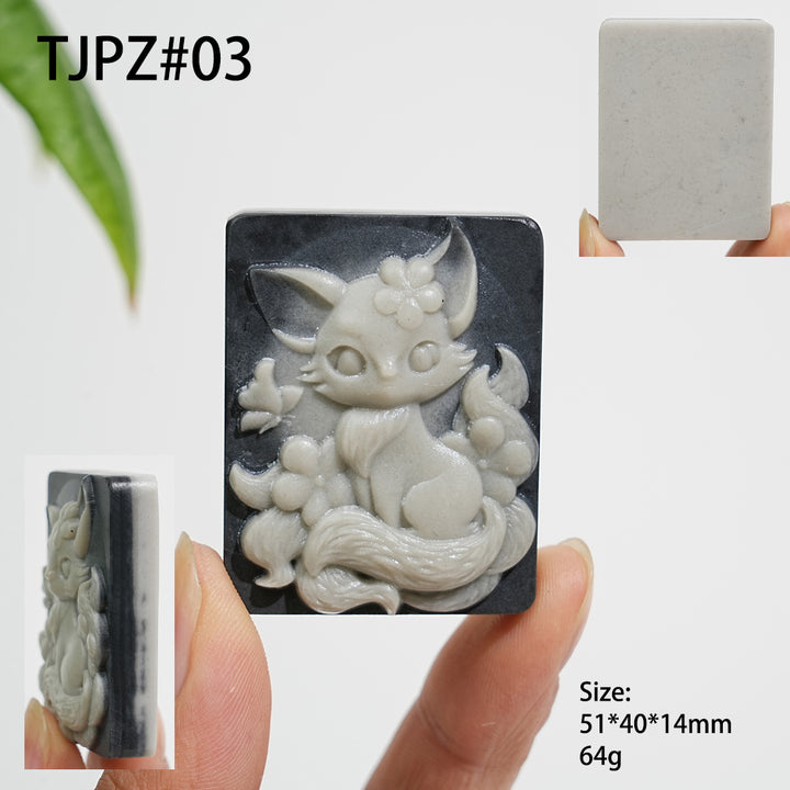 Unique,Natural TaiJi Stone Nine‑Tailed Fox With Butterfly