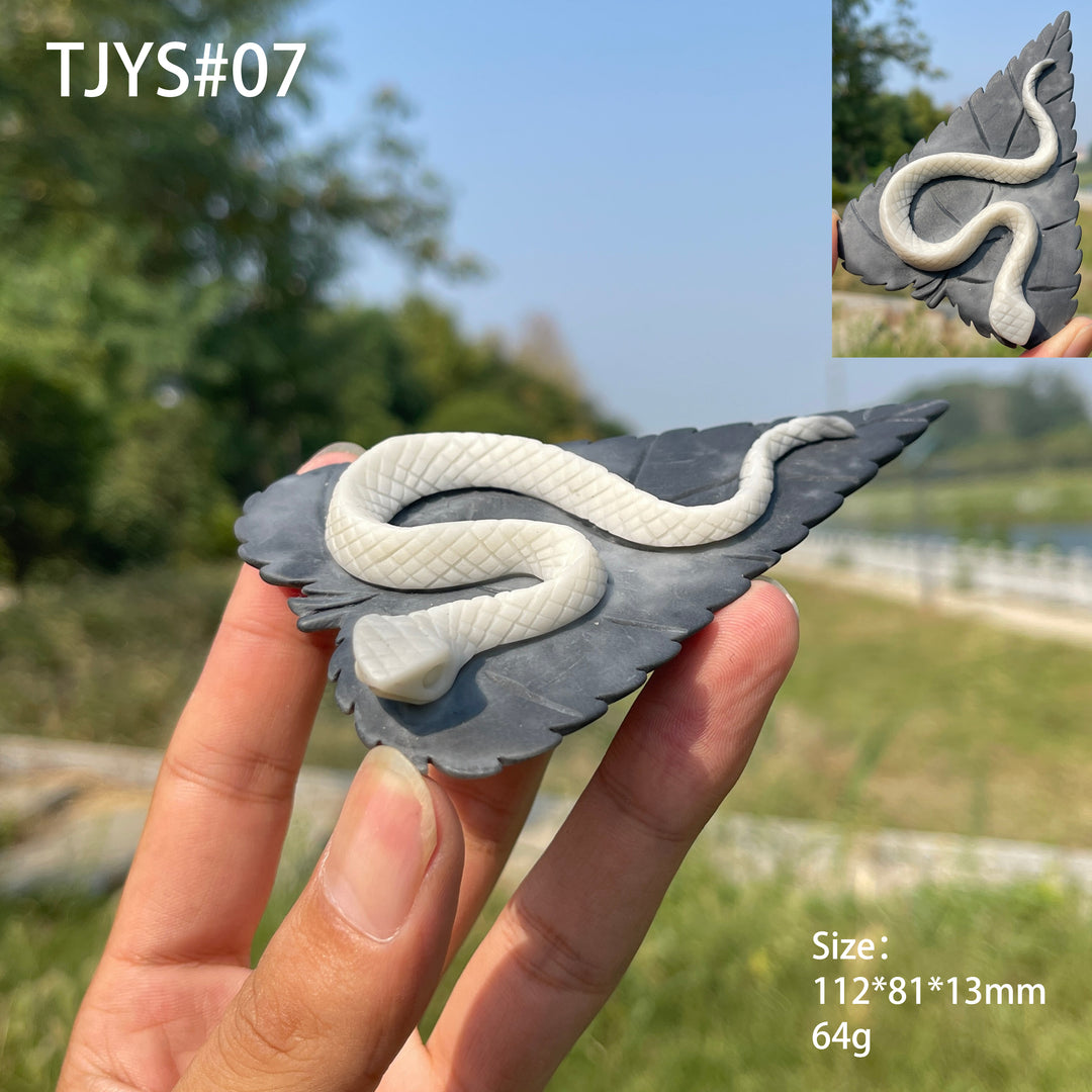 Unique, Natural TaiJi Stone Snake On Leaf Carving