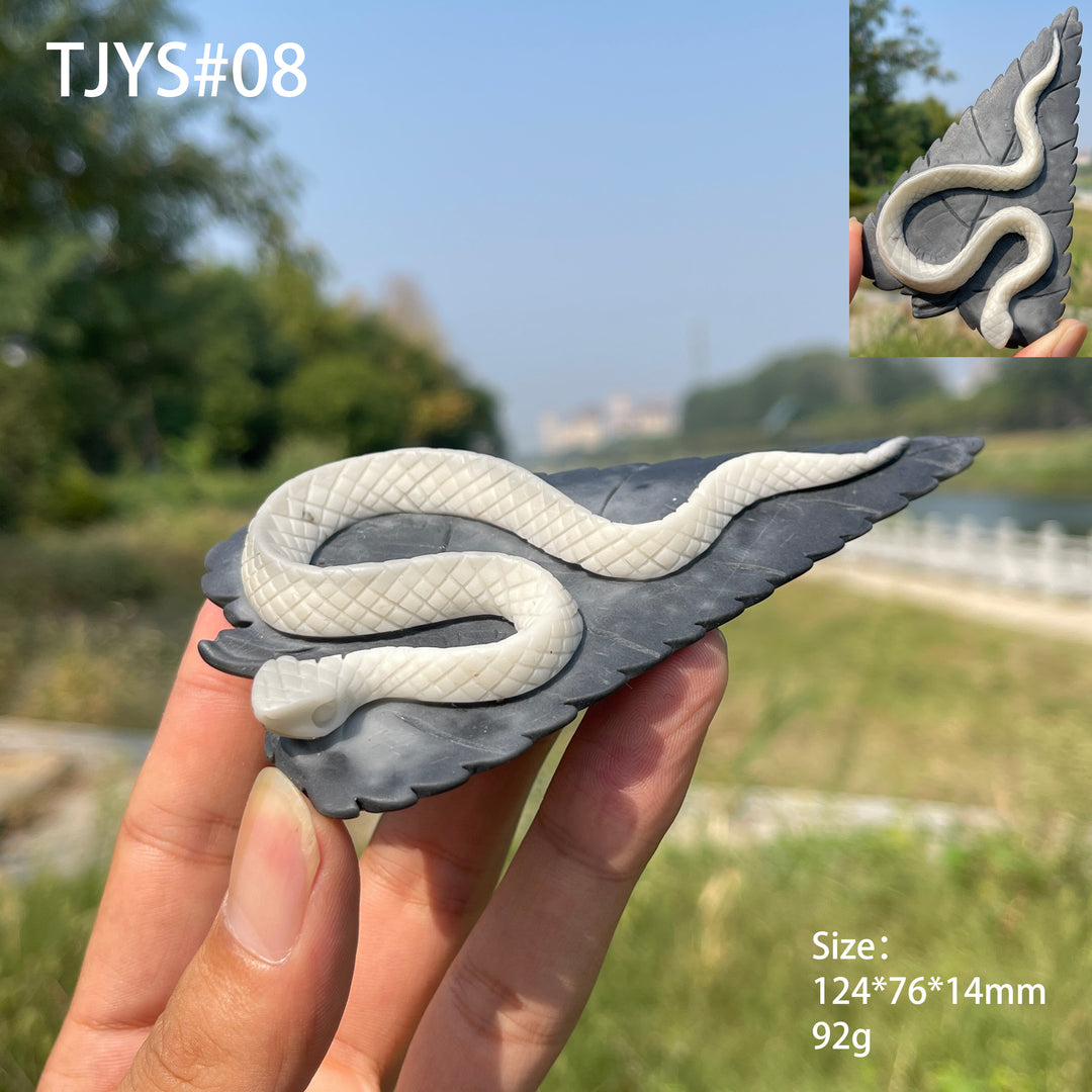 Unique, Natural TaiJi Stone Snake On Leaf Carving
