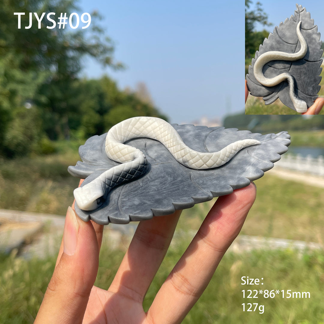 Unique, Natural TaiJi Stone Snake On Leaf Carving