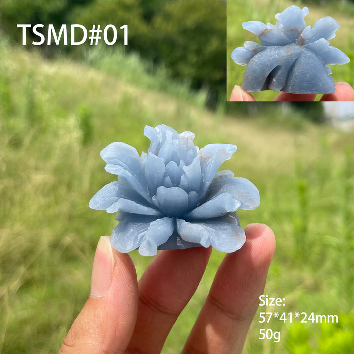 Unique,Natural Crystal Angelite Peony Flower Carving