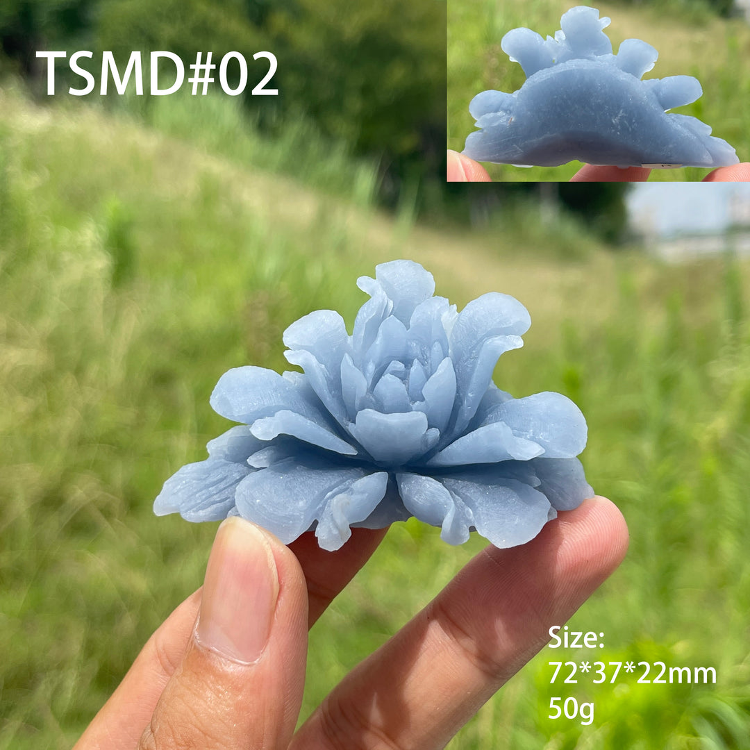 Unique,Natural Crystal Angelite Peony Flower Carving