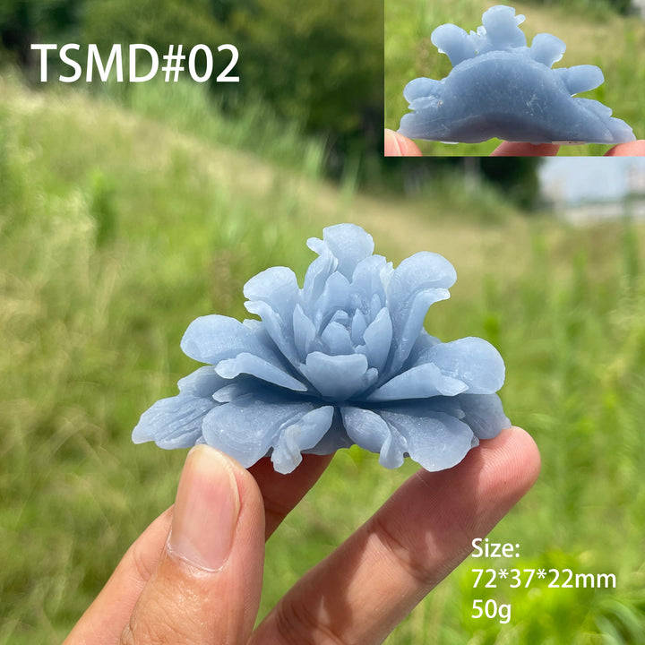 Unique,Natural Crystal Angelite Peony Flower Carving