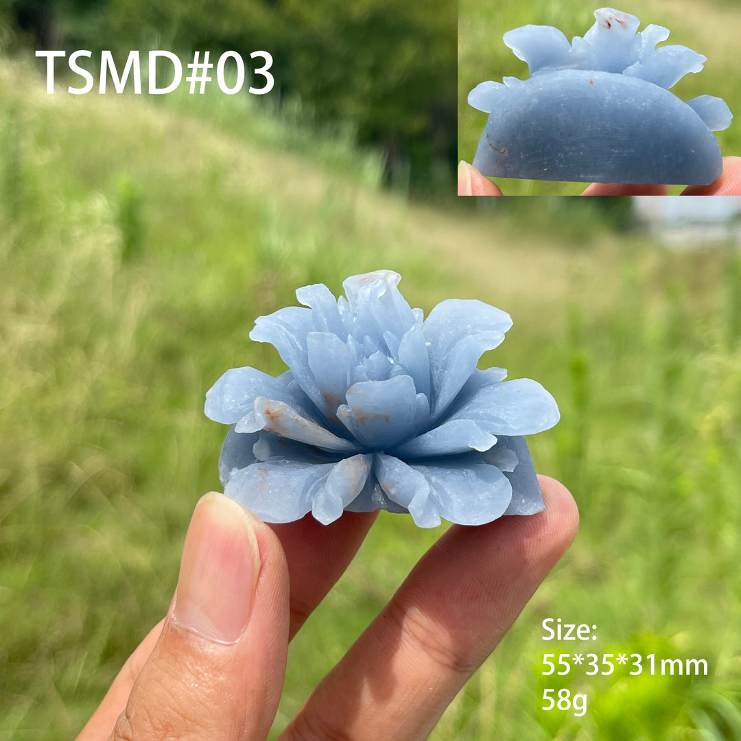 Unique,Natural Crystal Angelite Peony Flower Carving