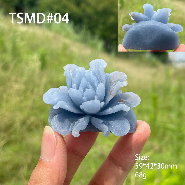 Unique,Natural Crystal Angelite Peony Flower Carving