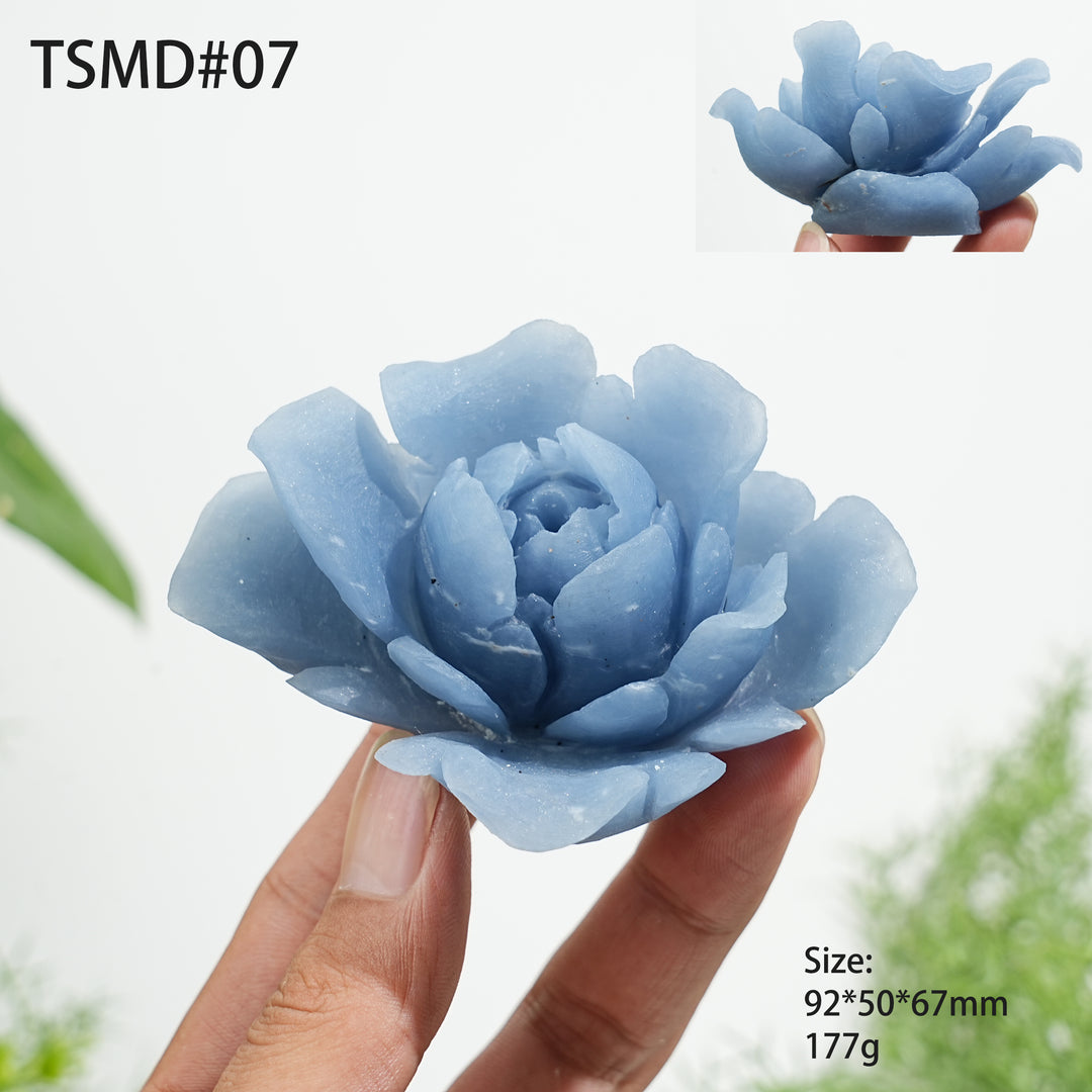 Único, tallado de flor de peonía de angelita de cristal natural