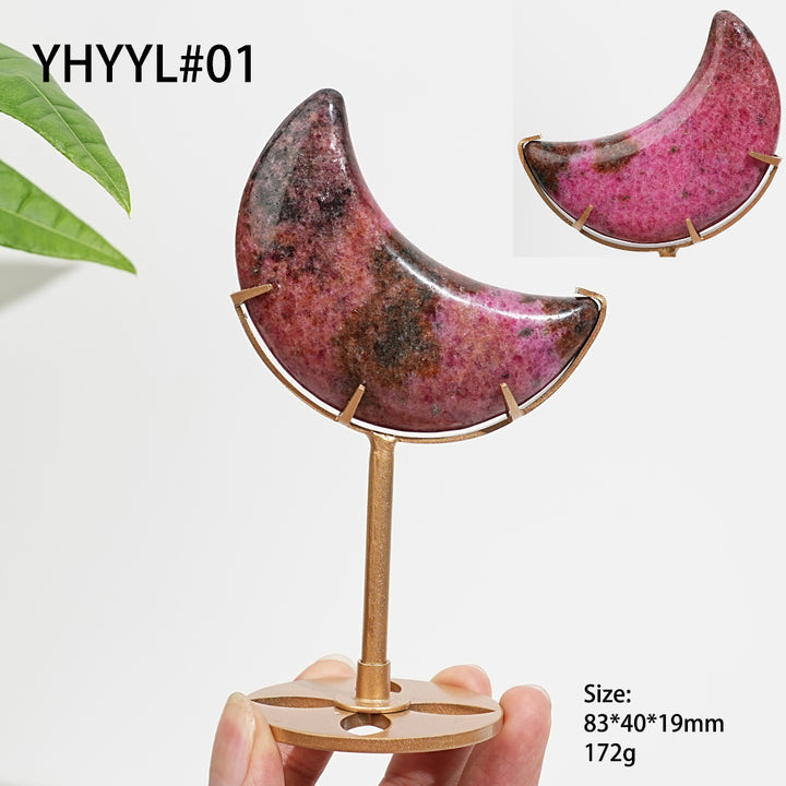 Unique,Natural Crystal Rhodonite In Quartz Crescent Moon Display