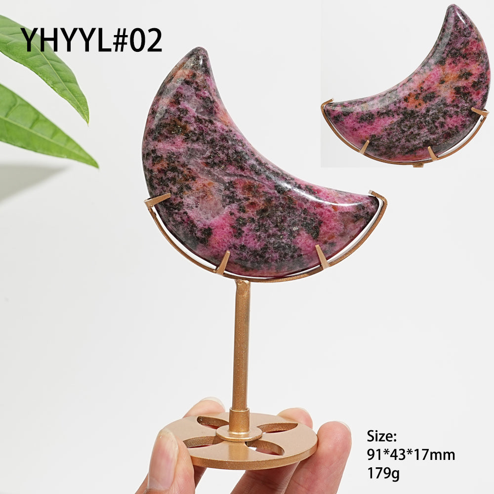Unique,Natural Crystal Rhodonite In Quartz Crescent Moon Display
