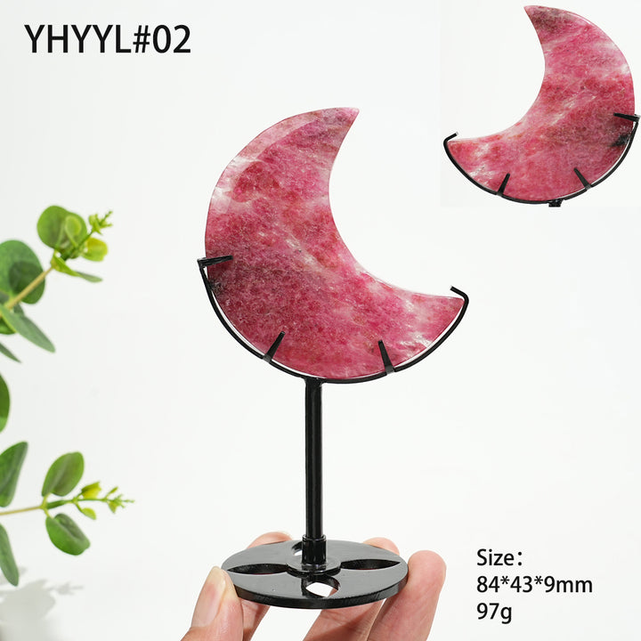 Unique,Natural Crystal Rhodonite In Quartz Moon With Stand