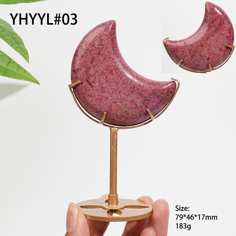 Unique,Natural Crystal Rhodonite In Quartz Crescent Moon Display