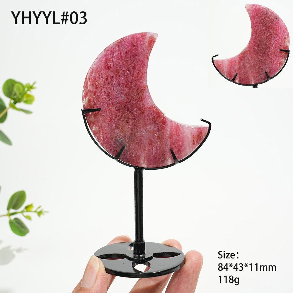 Unique,Natural Crystal Rhodonite In Quartz Moon With Stand