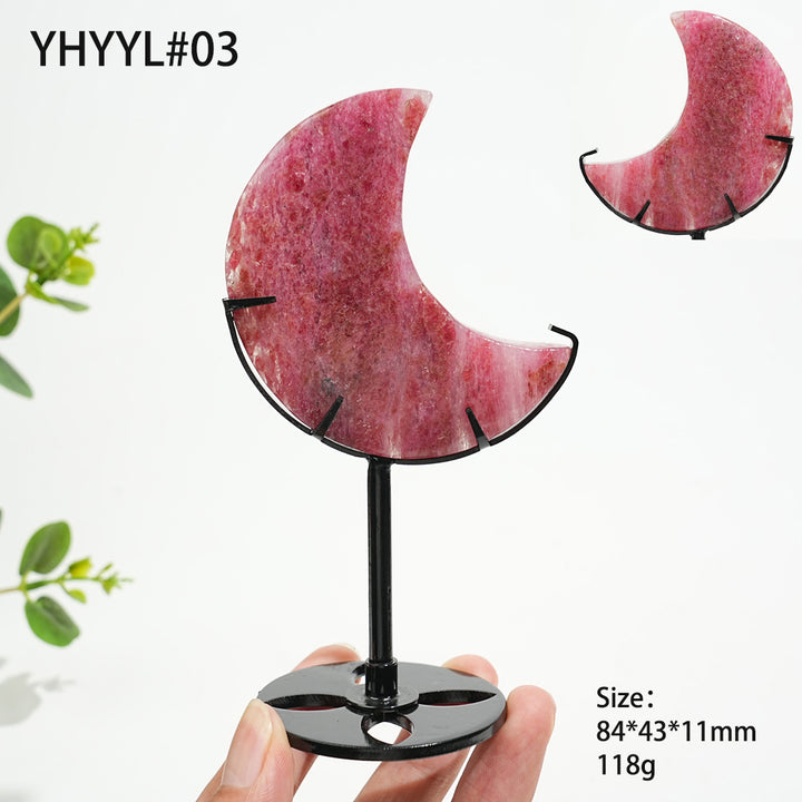 Unique,Natural Crystal Rhodonite In Quartz Moon With Stand