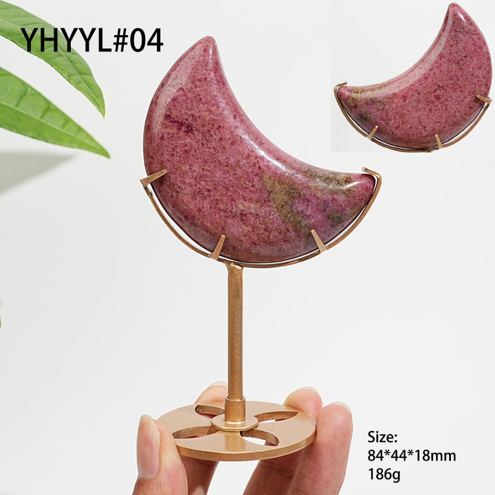 Unique,Natural Crystal Rhodonite In Quartz Crescent Moon Display