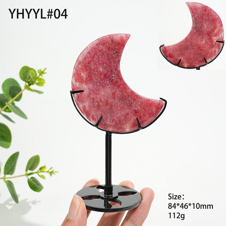 Unique,Natural Crystal Rhodonite In Quartz Moon With Stand