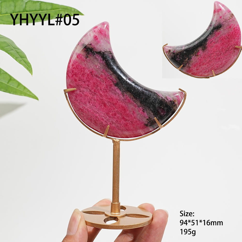 Unique,Natural Crystal Rhodonite In Quartz Crescent Moon Display
