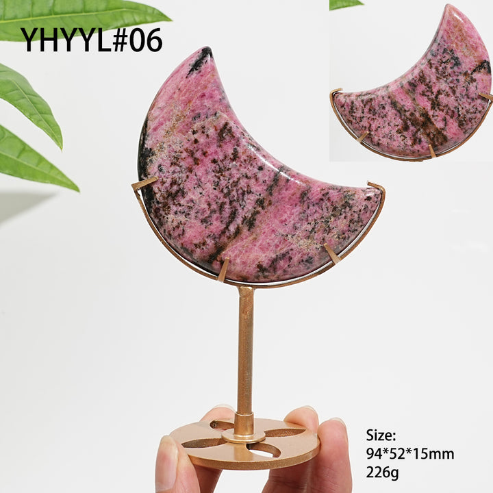 Unique,Natural Crystal Rhodonite In Quartz Crescent Moon Display