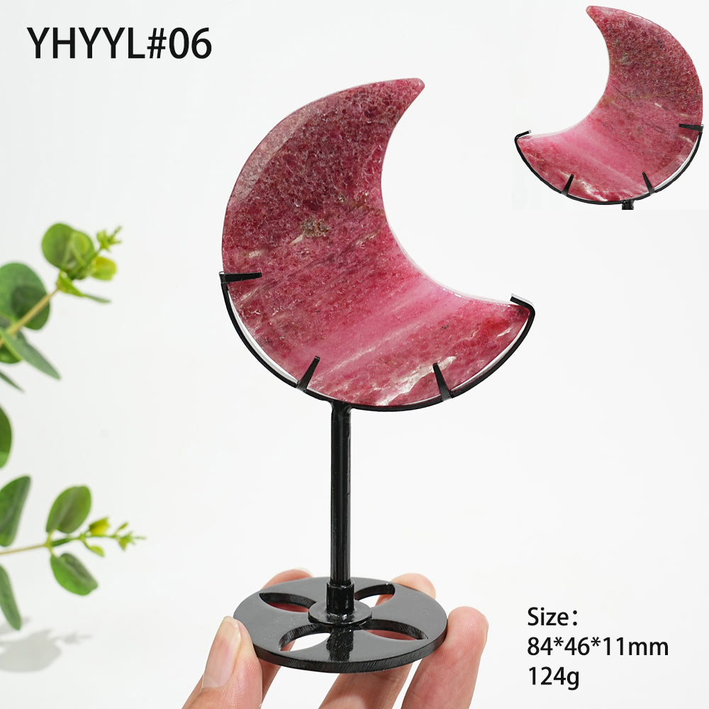 Unique,Natural Crystal Rhodonite In Quartz Moon With Stand