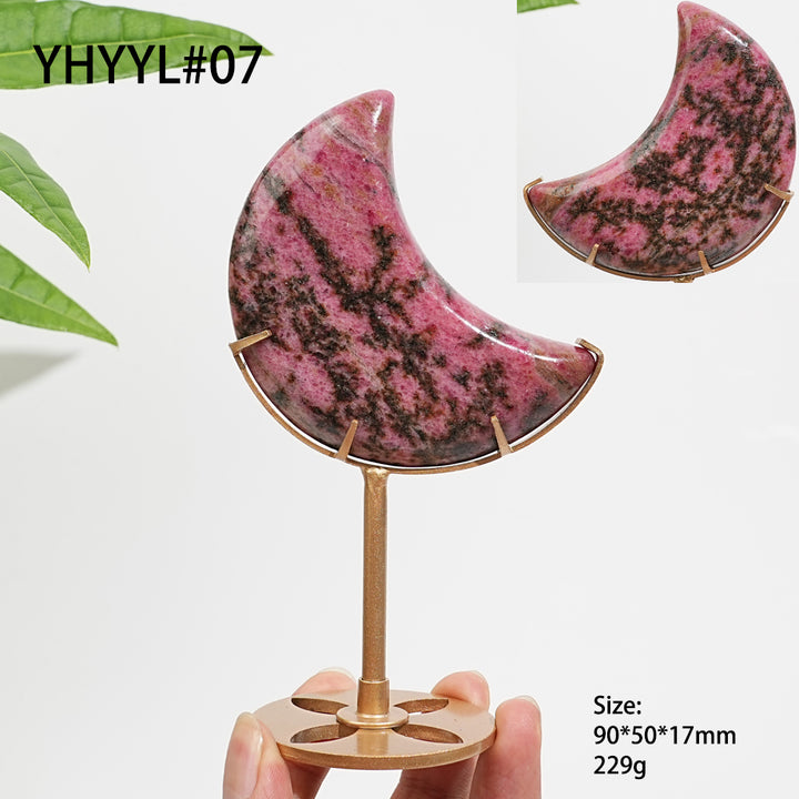 Unique,Natural Crystal Rhodonite In Quartz Crescent Moon Display
