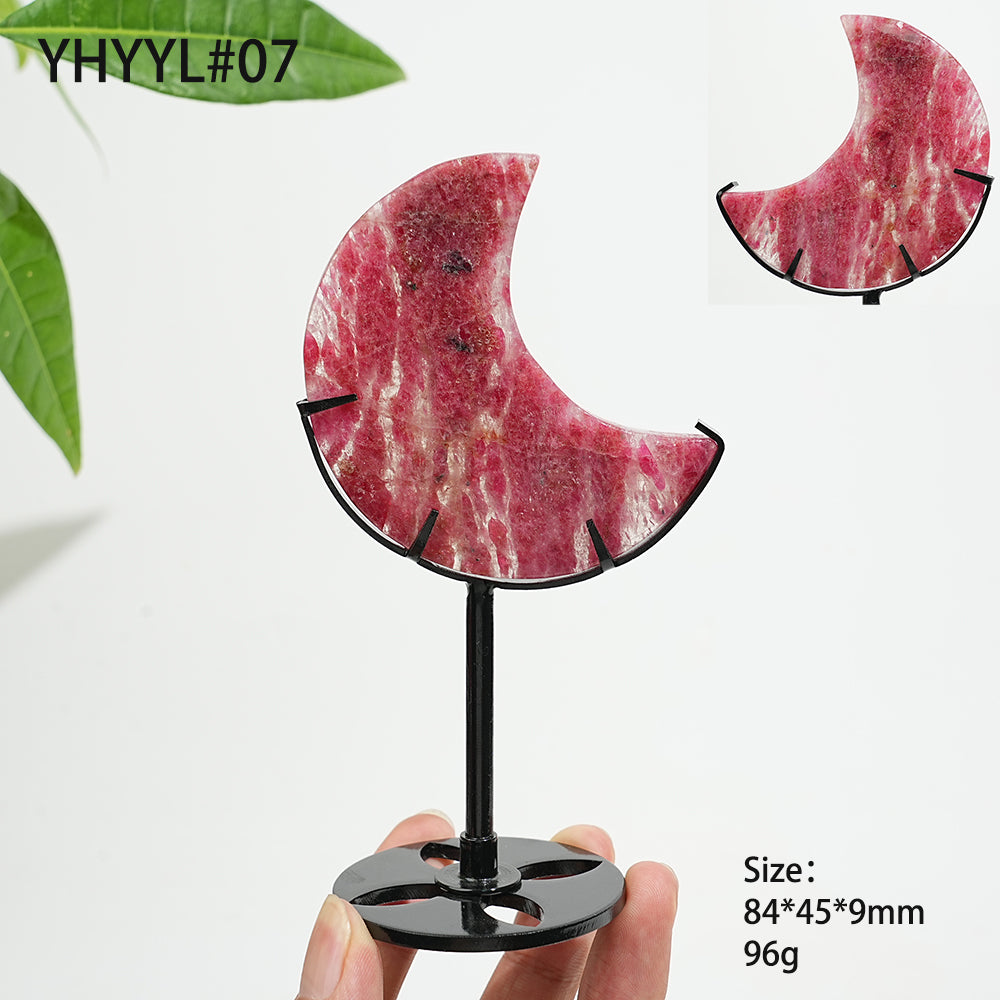 Unique,Natural Crystal Rhodonite In Quartz Moon With Stand