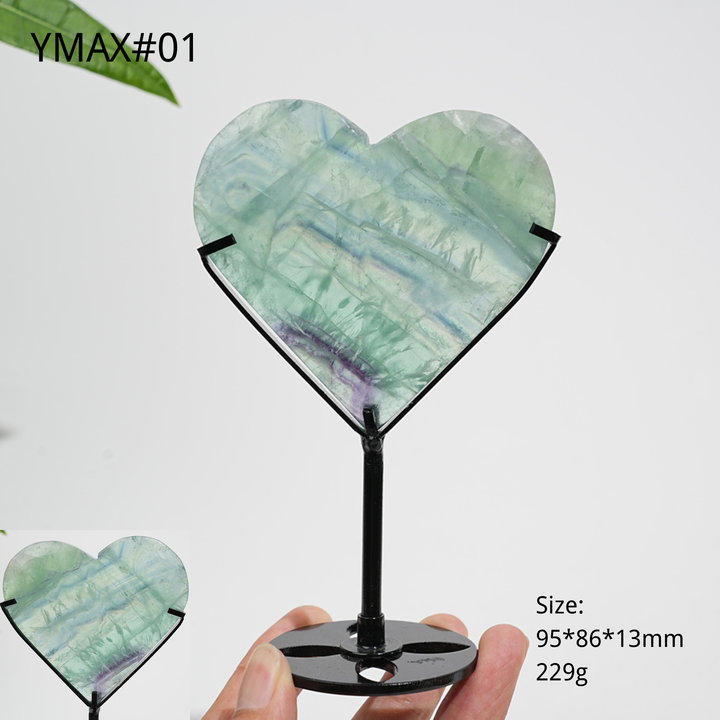 Unique,Natural Crystal Feather Fluorite Heart With Stand