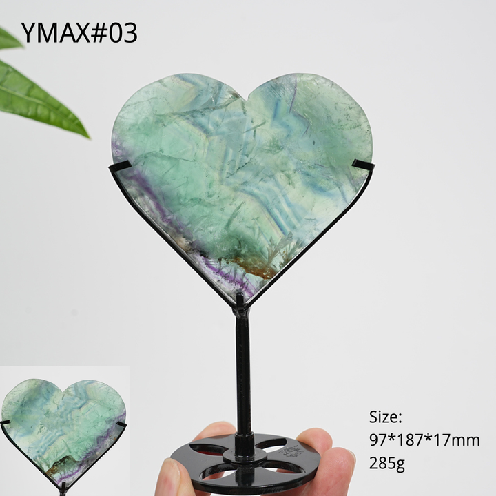 Unique,Natural Crystal Feather Fluorite Heart With Stand