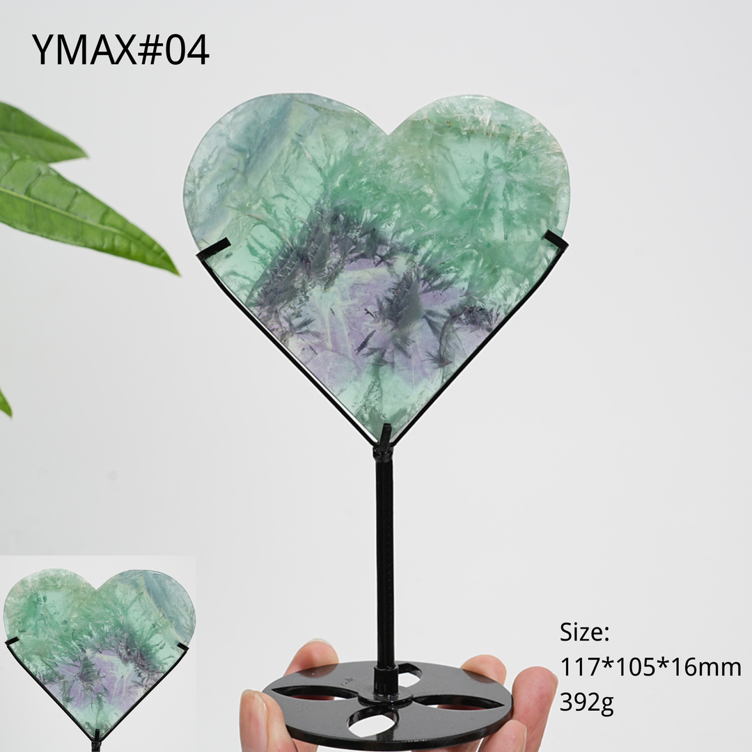 Unique,Natural Crystal Feather Fluorite Heart With Stand