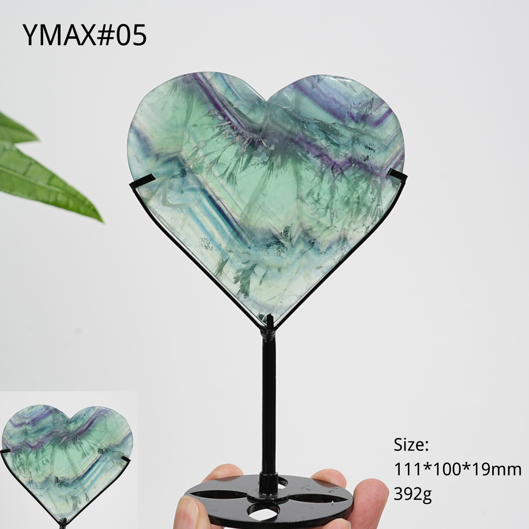 Unique,Natural Crystal Feather Fluorite Heart With Stand