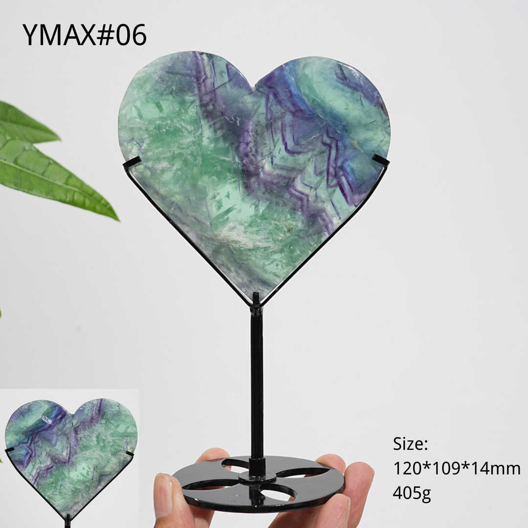 Unique,Natural Crystal Feather Fluorite Heart With Stand