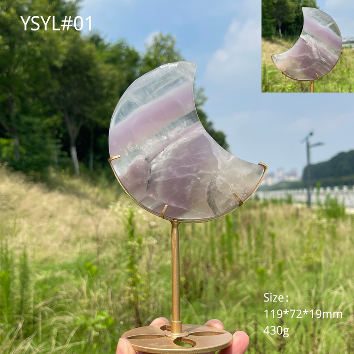 Unique,Natural Crystal Lavender Fluorite Moon With Stand