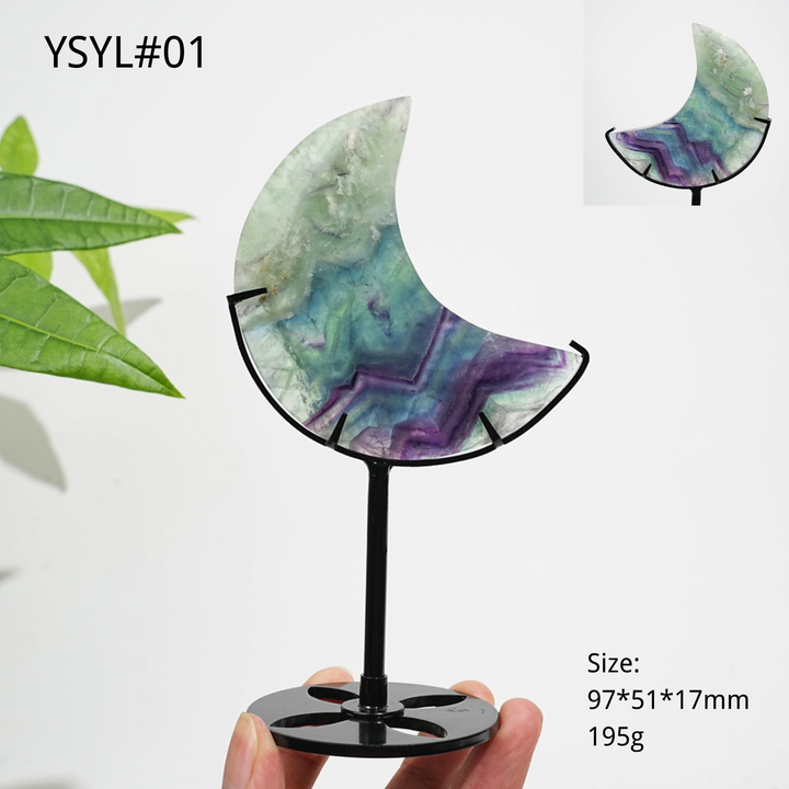 Unique,Natural Crystal Fluorite Moon With Stand