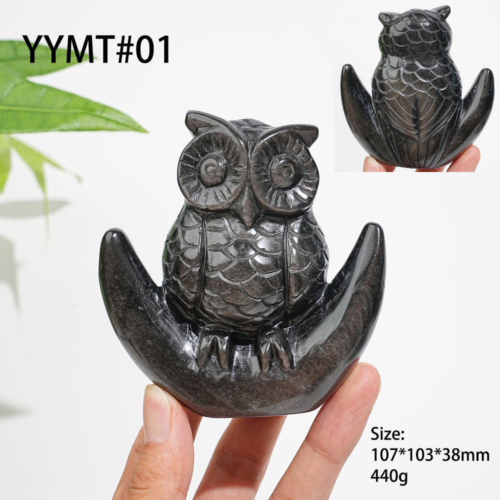 Unique,Natural Crystal Silver Obsidian Cute Moon Owl Carving