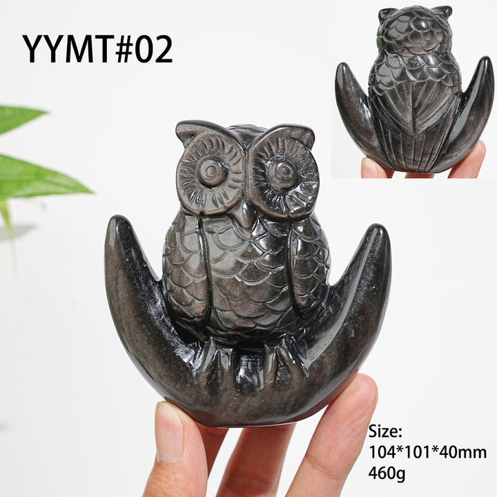 Unique,Natural Crystal Silver Obsidian Cute Moon Owl Carving