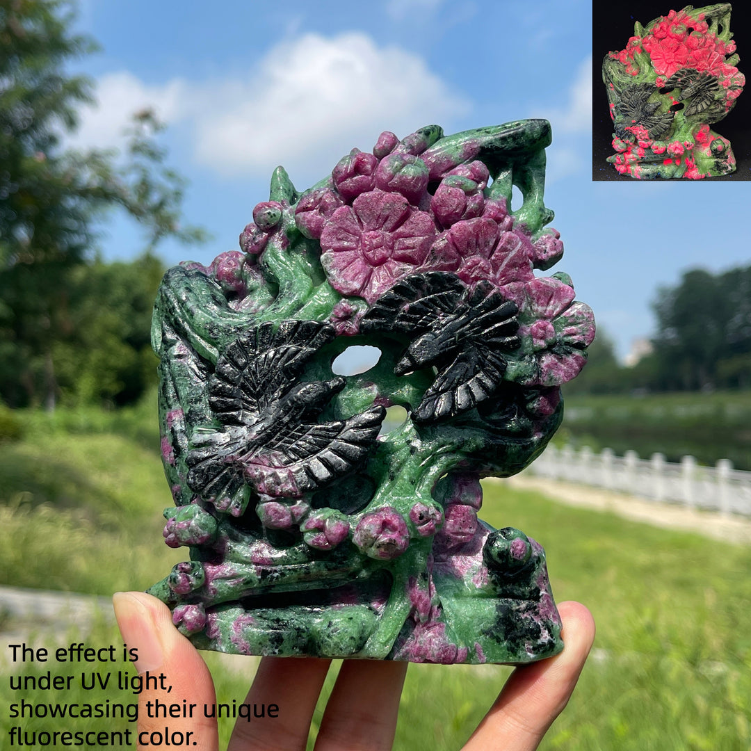 Unique,Natural Crystal Ruby In Zoisite Bird With Flower Carving