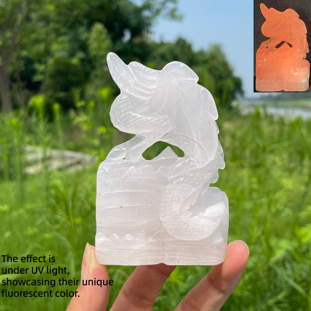 Unique,Natural Crystal Pink Calcite Flying Dragon Carving
