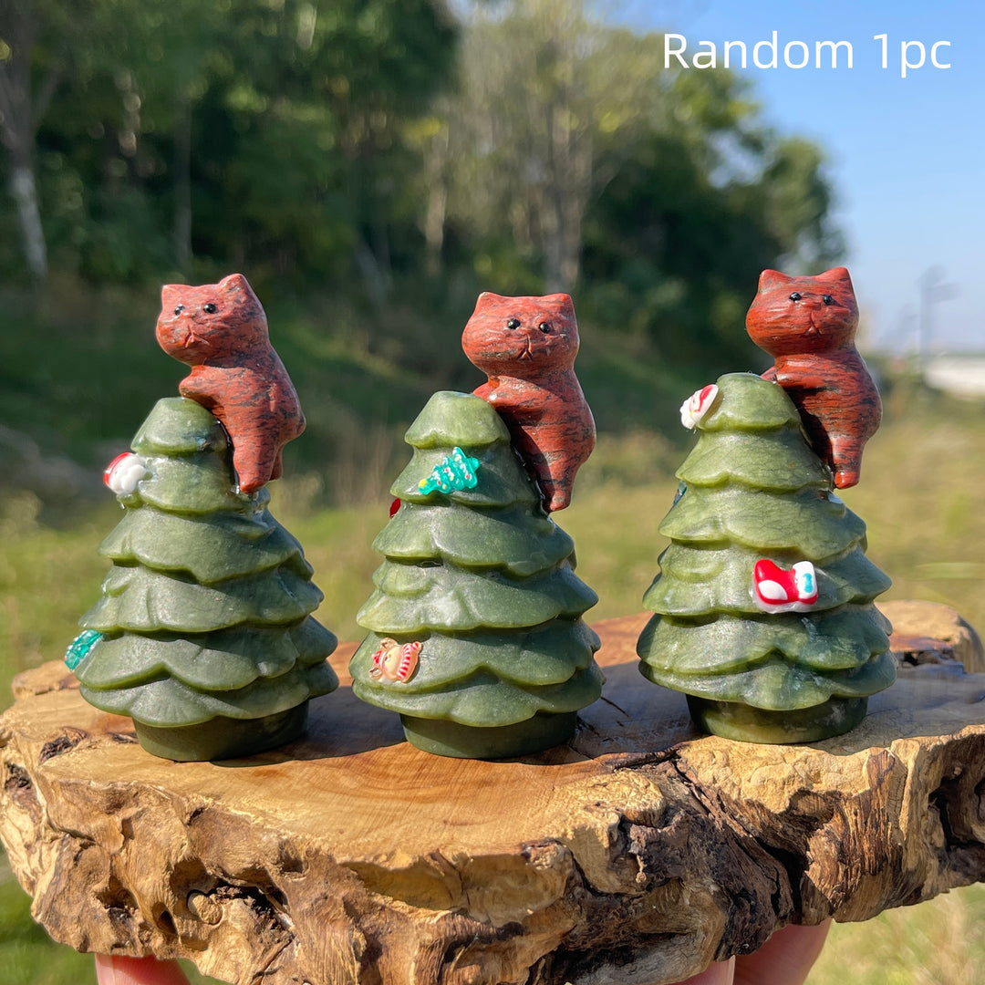 Natural Crystal Carving Cat With Christmas Tree