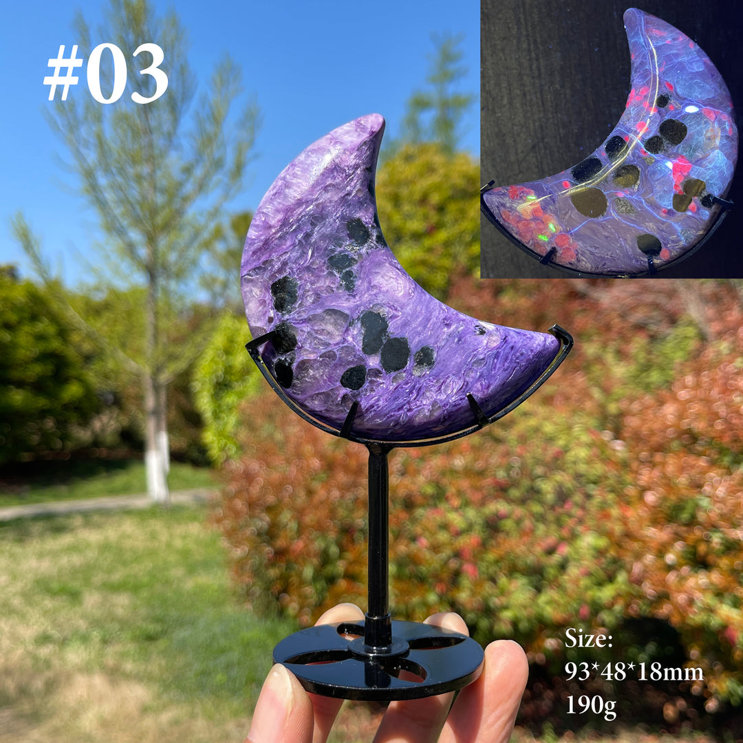 Unique,Natural Charoite Carved Moon With Stand