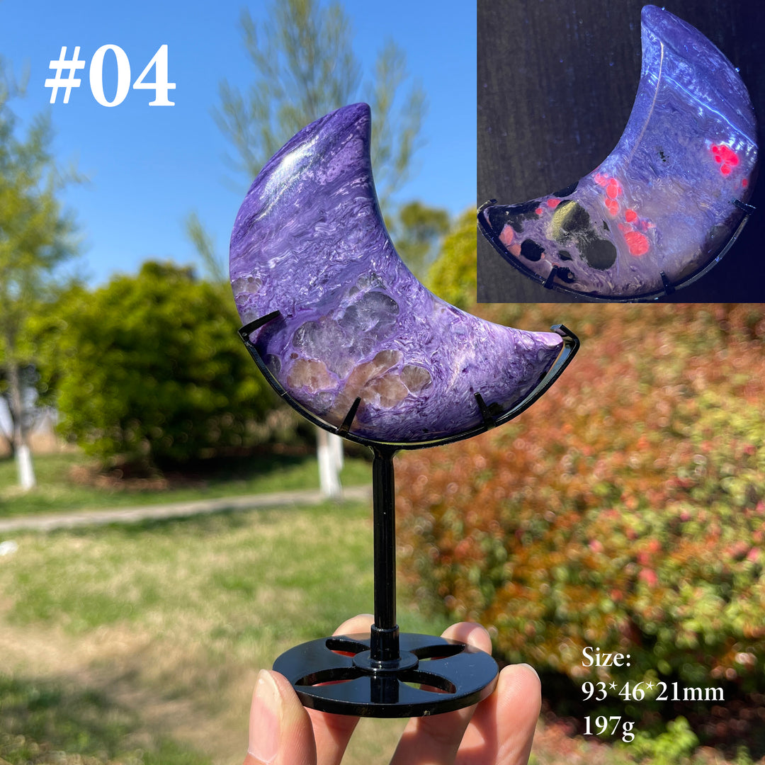 Unique,Natural Charoite Carved Moon With Stand