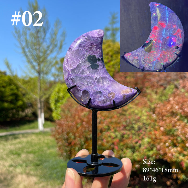 Unique,Natural Charoite Carved Moon With Stand