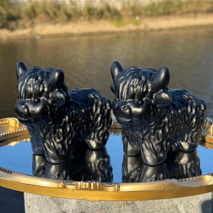Natural Carved Obsidian Highland Cow