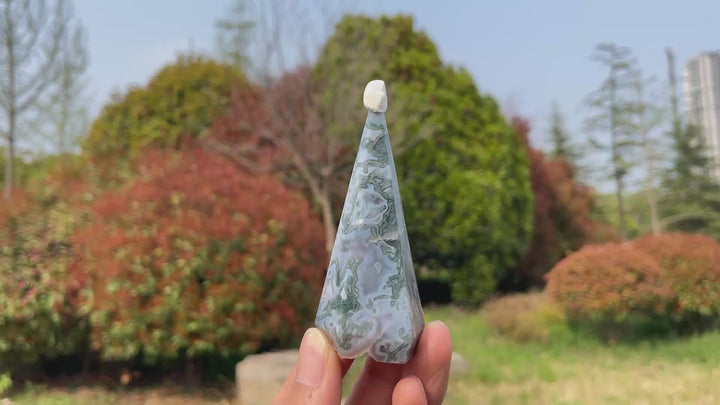 Unique,Natural Moss Agate Diamond Tower Crystal