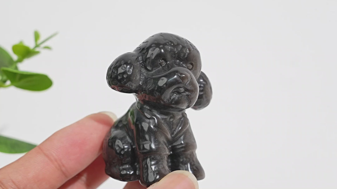 Natural Crystal Silver Obsidian Cute Poodle